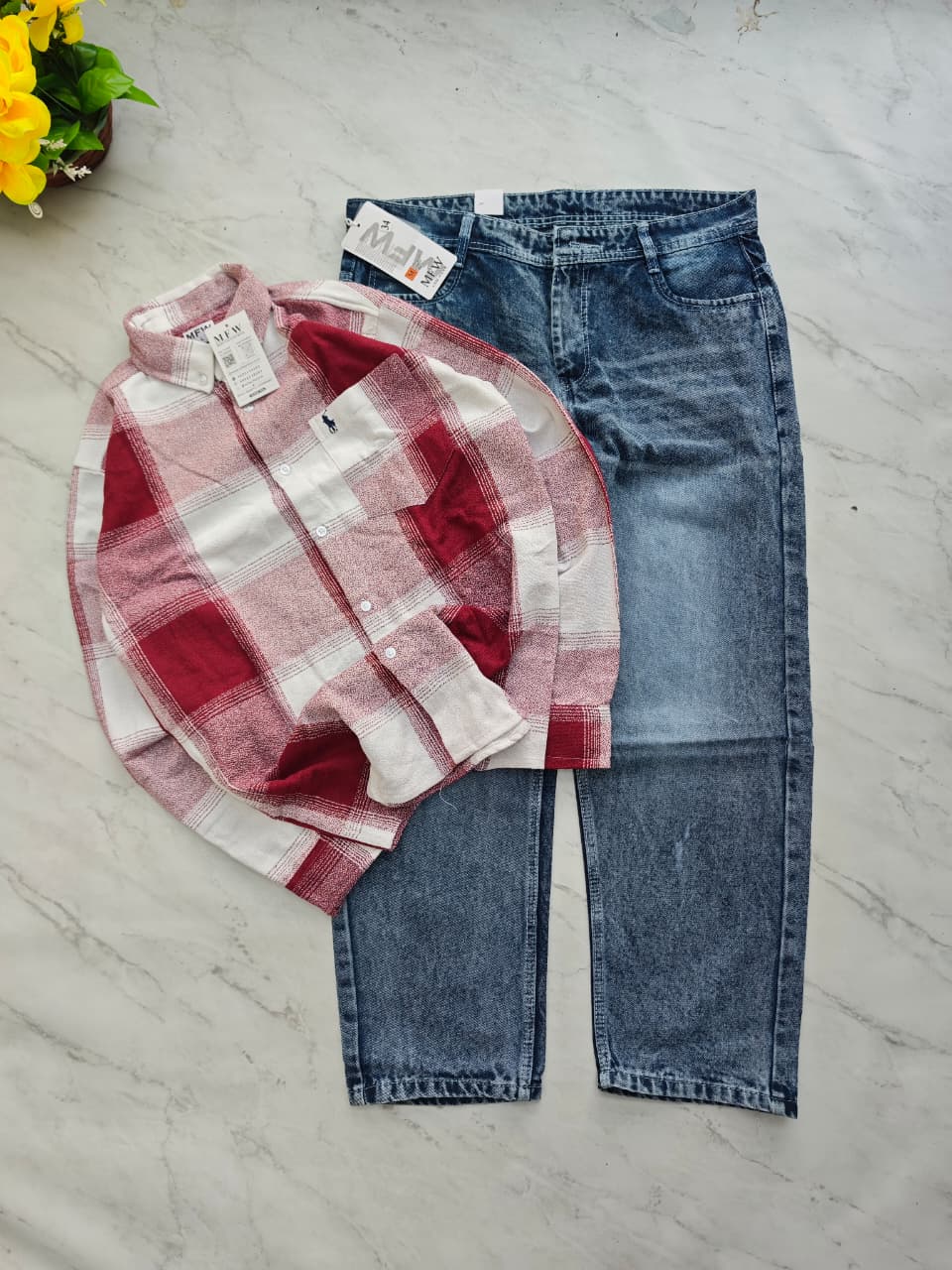 2 in 1 combo MFW viral checked shirts + Whisker mom fit jeans pant buy @600 rs only[A04]