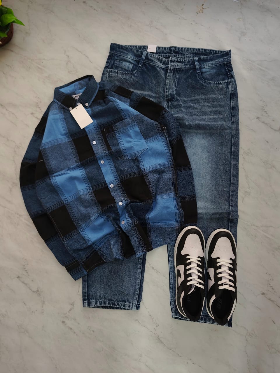 3 in 1 combo MFW viral checked shirts + whisker mom fit jeans pant + shoes buy @999 only[M3-C1]