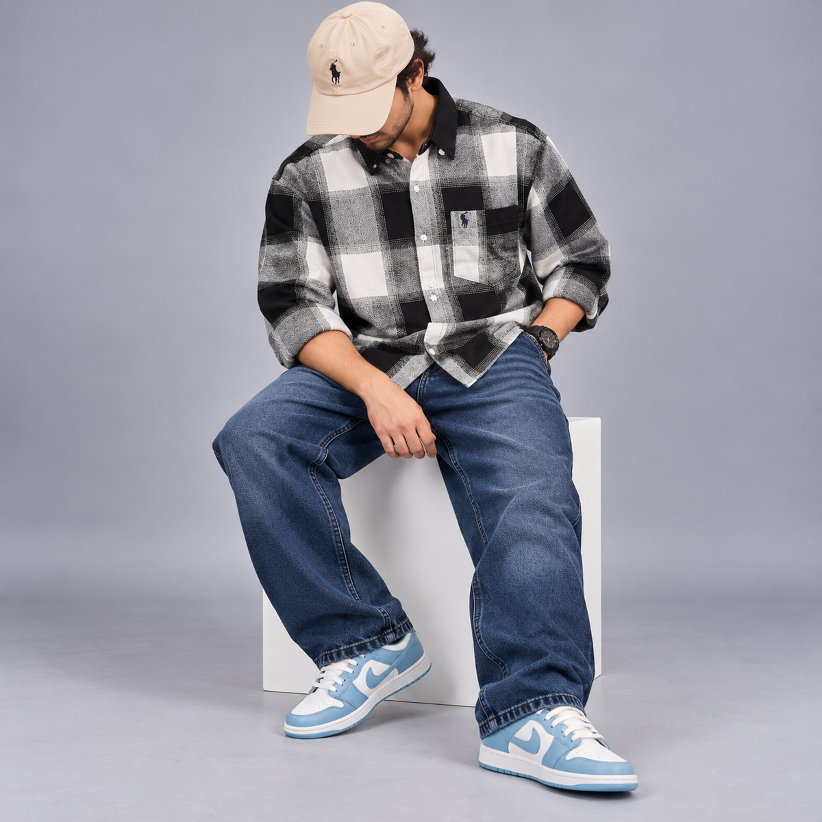 3 in 1 combo MFW viral checked shirts + whisker mom fit jeans pant + shoes buy @999 only[M3-C]