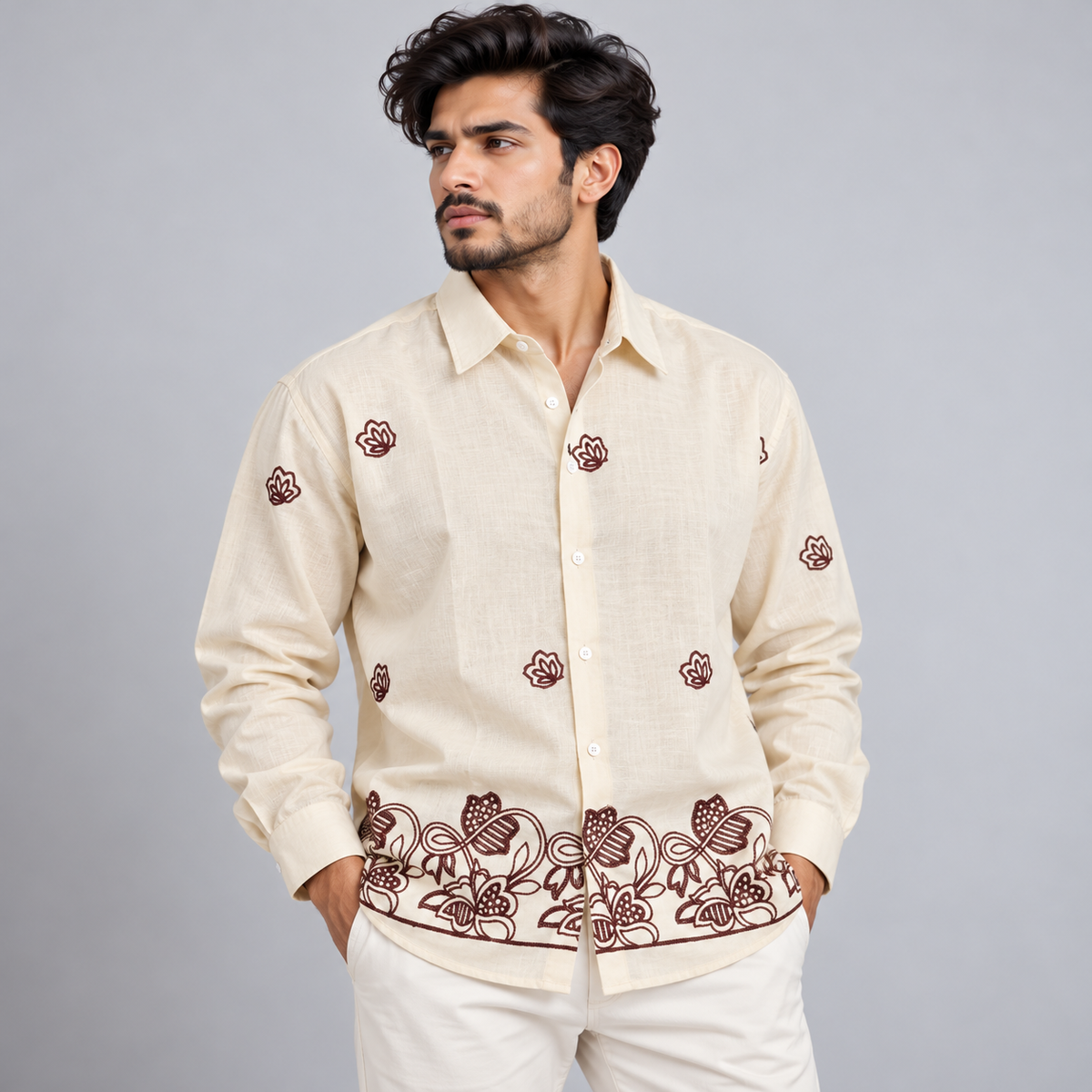 Men's Full sleeve lenin  Bottom Embroidery Shirts single pcs @350 and Buy 3 pc combo @999[D2]