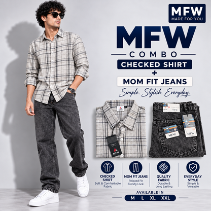 2 in 1 combo MFW checked shirts + mom fit jeans pant buy @600 rs only