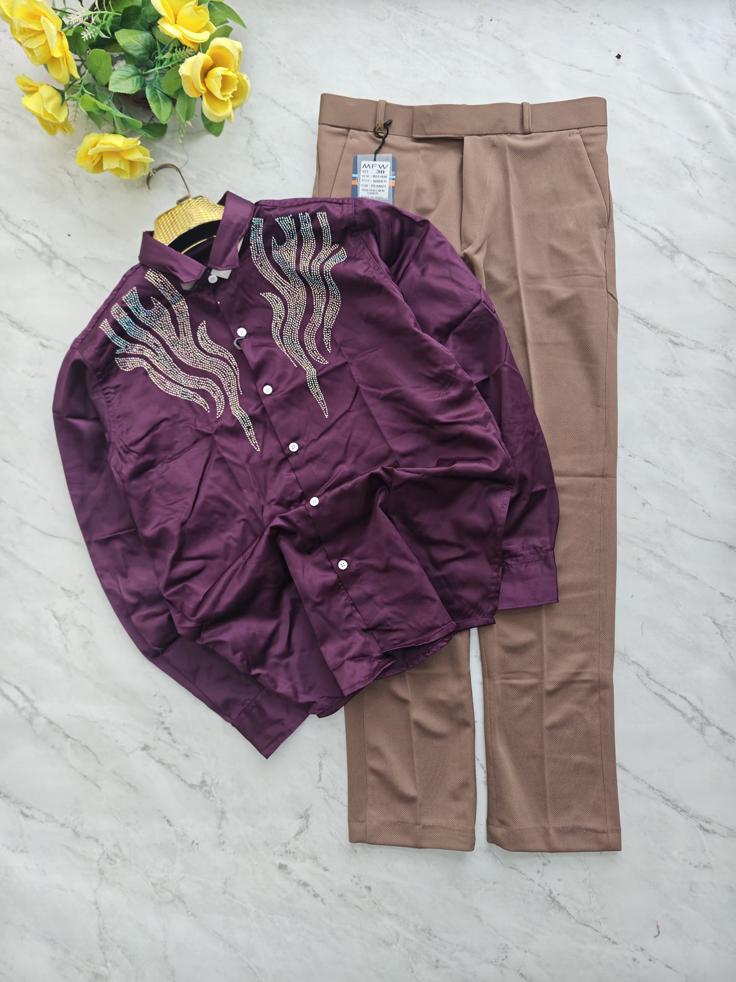 2 in 1 combo Party wear Stone work shirts + peanut fabric polofit pant buy @600 rs only