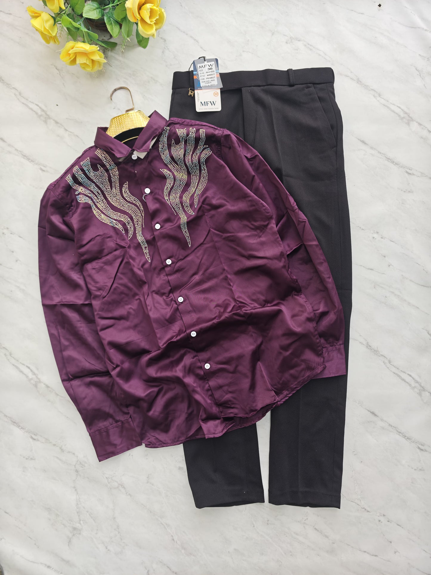 2 in 1 combo Party wear Stone work shirts + peanut fabric polofit pant buy @600 rs only