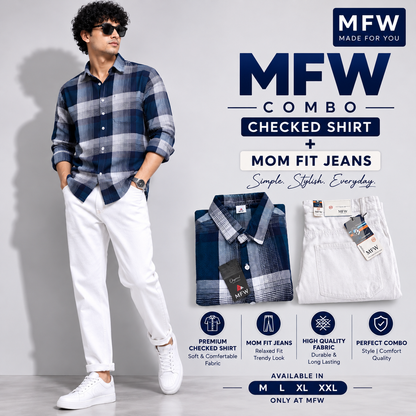 2 in 1 combo MFW checked shirts + mom fit jeans pant buy @600 rs only