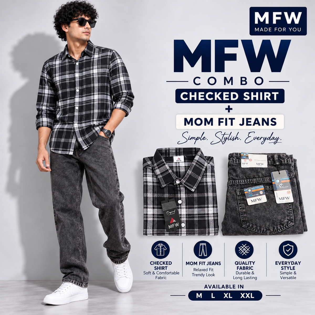 2 in 1 combo MFW checked shirts + mom fit jeans pant buy @600 rs only