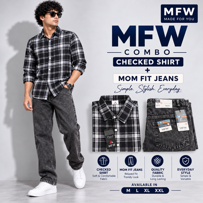 2 in 1 combo MFW checked shirts + mom fit jeans pant buy @600 rs only