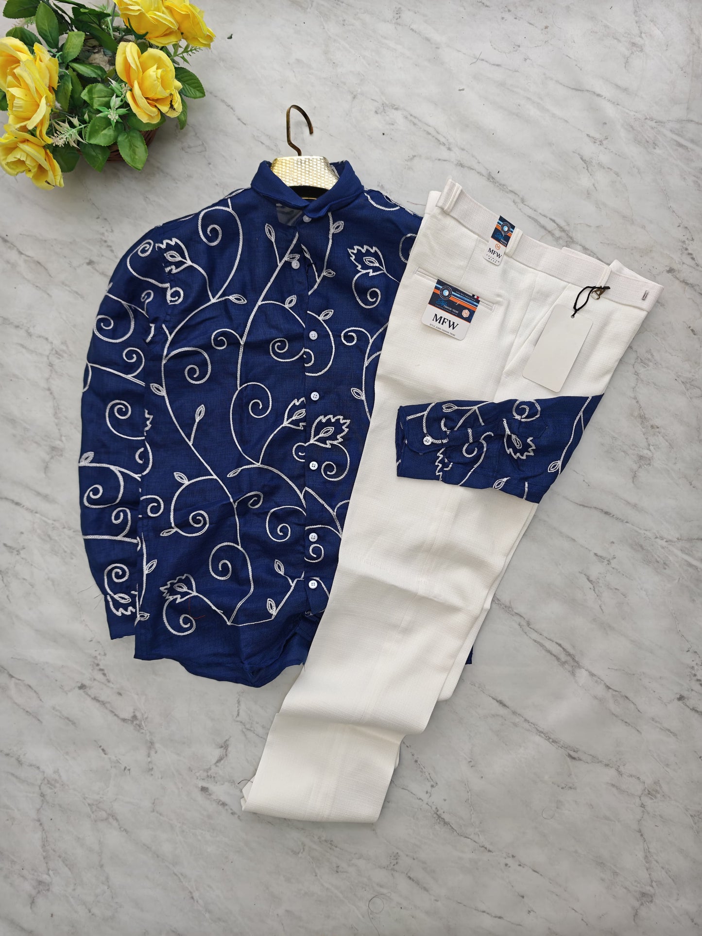 2 in 1 combo embroidery work shirts + lenin polo fit pants buy @600 rs only[ pant color White ]