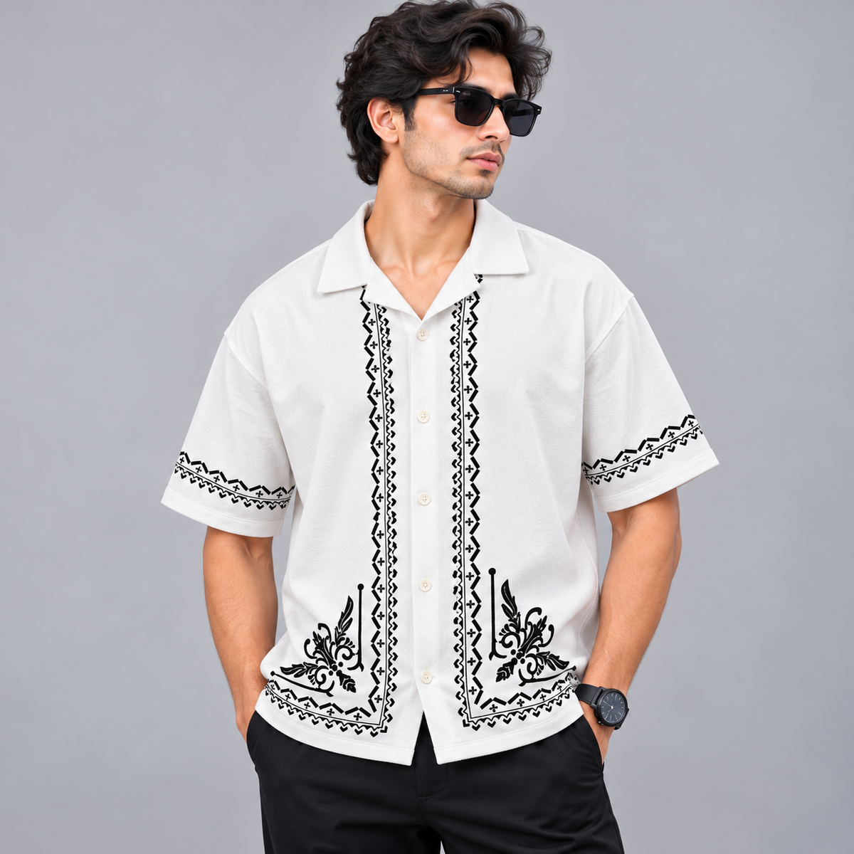 Cuban Collar Oversize Drop Shoulder Polo Designer printed Shirts buy @249[White]