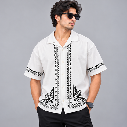 Cuban Collar Oversize Drop Shoulder Polo Designer printed Shirts buy @249[White]