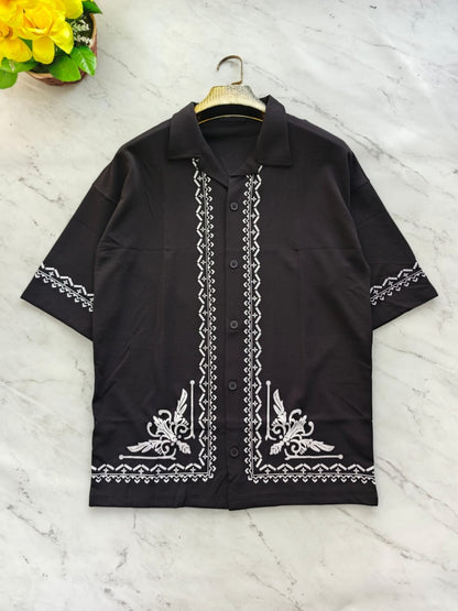 Cuban Collar Oversize Drop Shoulder Polo Designer printed Shirts buy @249[Black]
