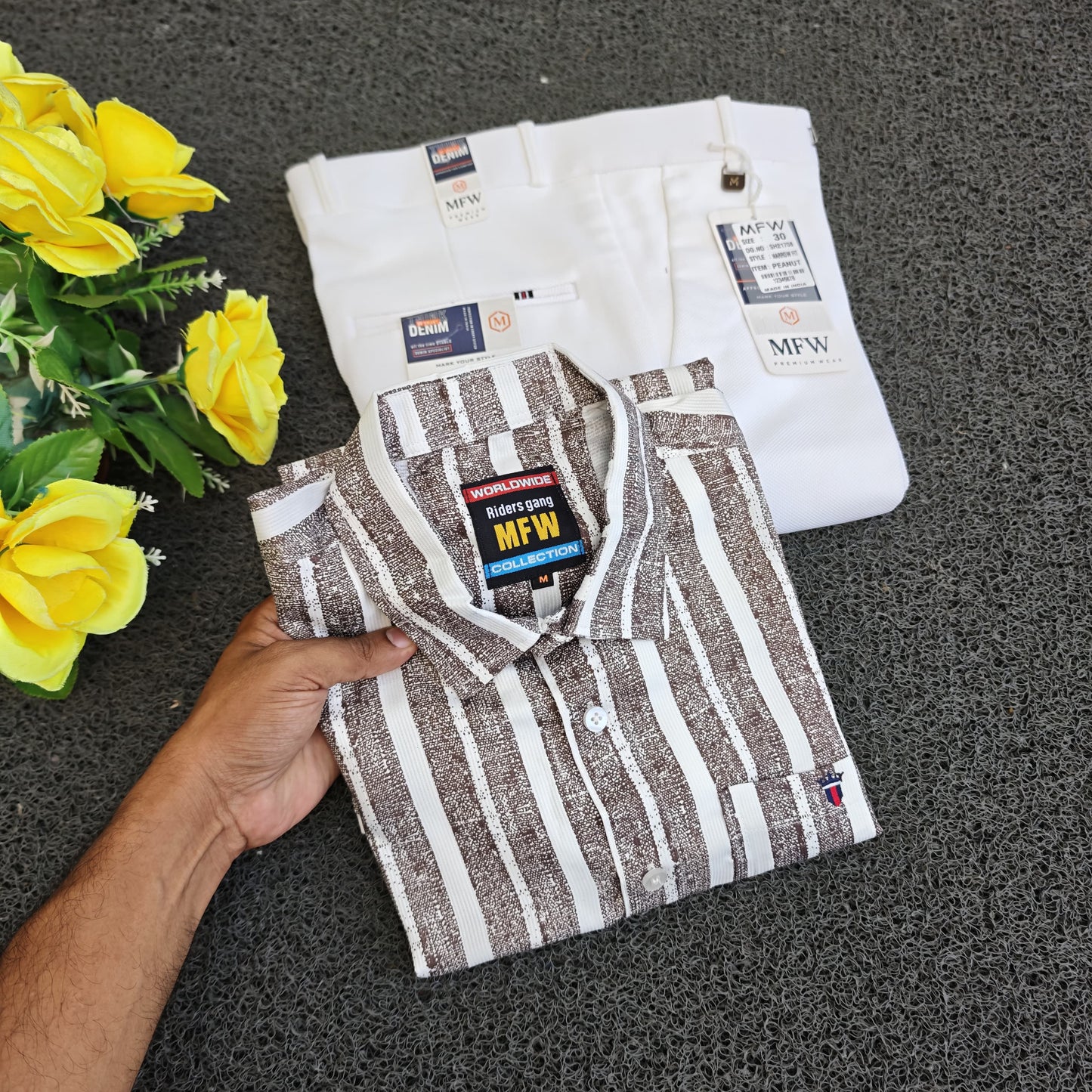 2 in 1 combo stripes shirts + penut fabric polo fit pants combo buy @500 rs only
