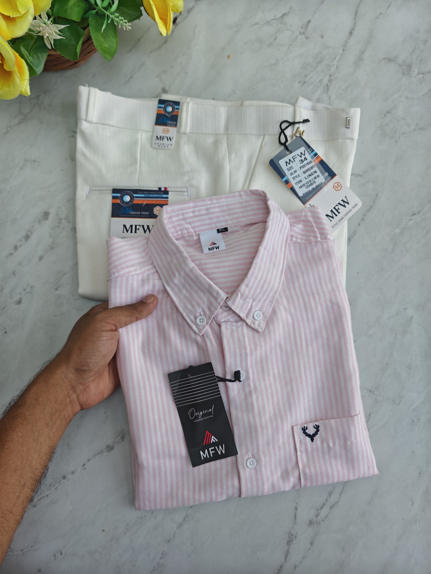 2 in 1 combo MFW Boxy fit Oxford stripes shirts + Lenin polo fit pant combo buy @600 rs only