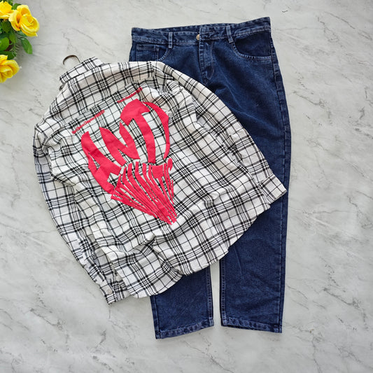 2 in 1 combo double pocket back printed shirts + plain mom fit jeans pant combo buy 550 rs only