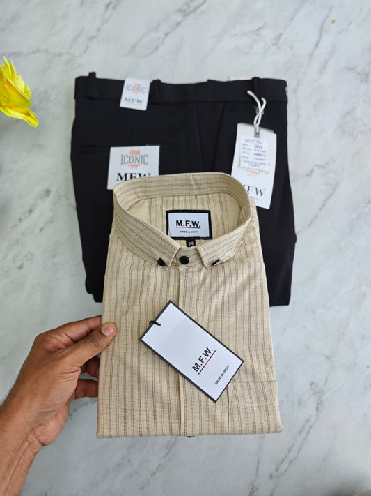 2 in 1 combo MFW oxford stripes shirts + penut fabric polo fit pants combo buy @550 rs only(Pant color black )