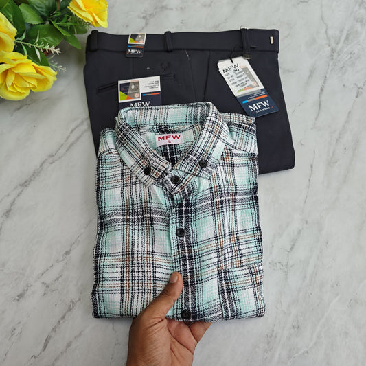 2 in 1 combo mfw flannel shirts + penut fabric polo fit pant combo buy @600 rs