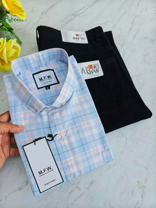 2 in 1 combo MFW checked shirts + plain mom fit jeans pant combo buy@600 rs only