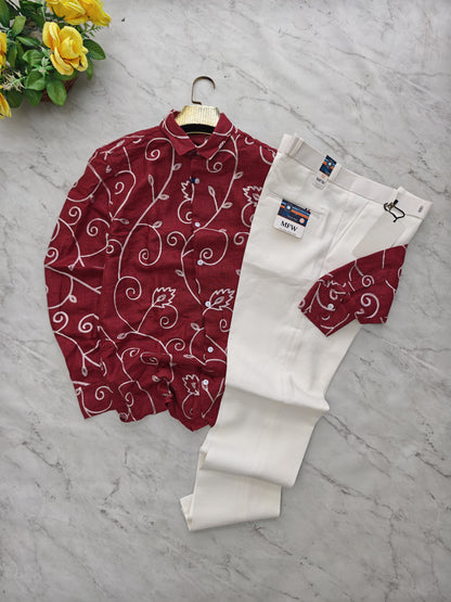 2 in 1 combo embroidery work shirts + lenin polo fit pants buy @600 rs only[ pant color White ]
