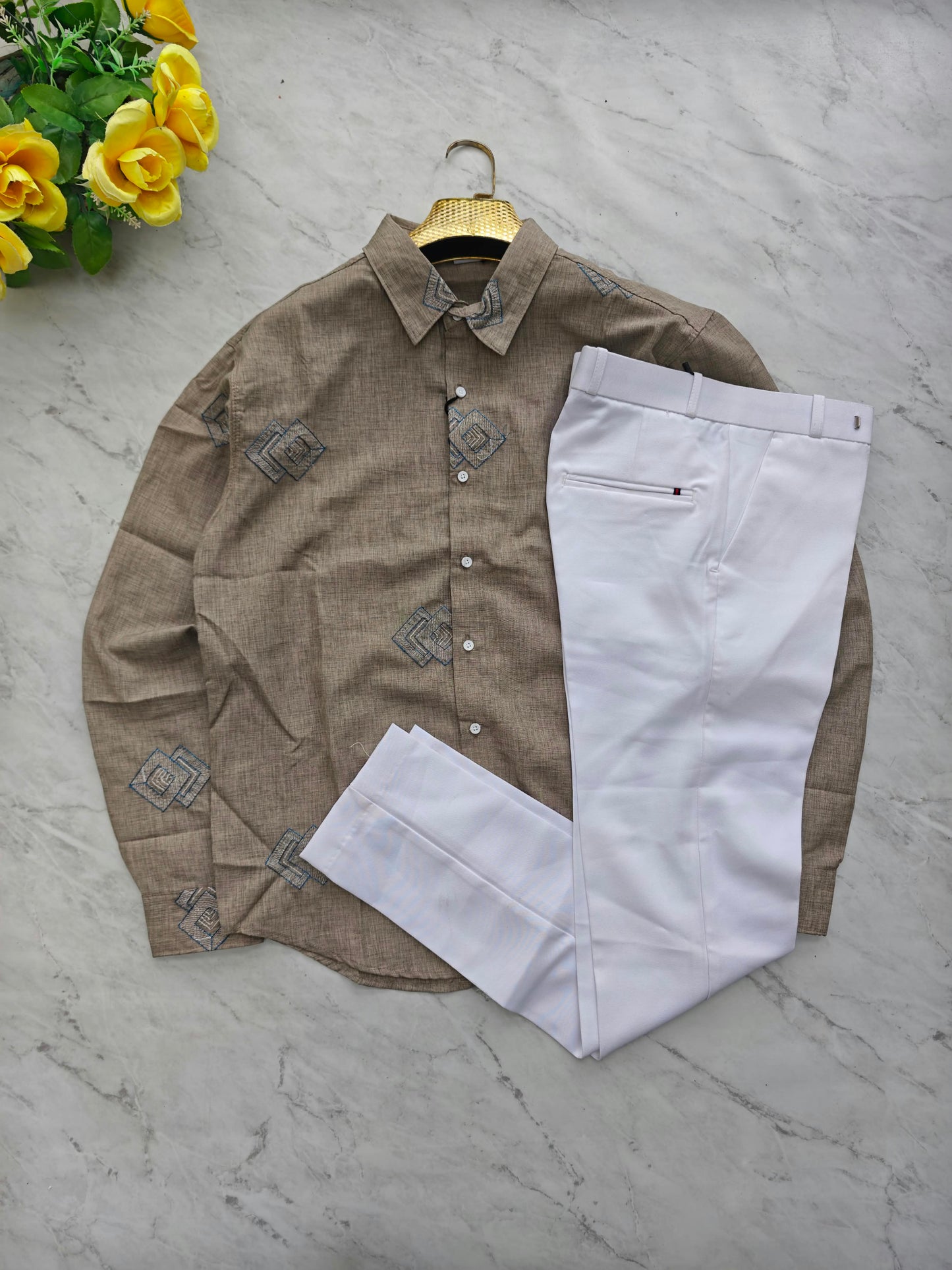 2 in 1 combo MFW Lenin embroidery shirts + twill fabric lenin polo fit pant combo buy @600 rs