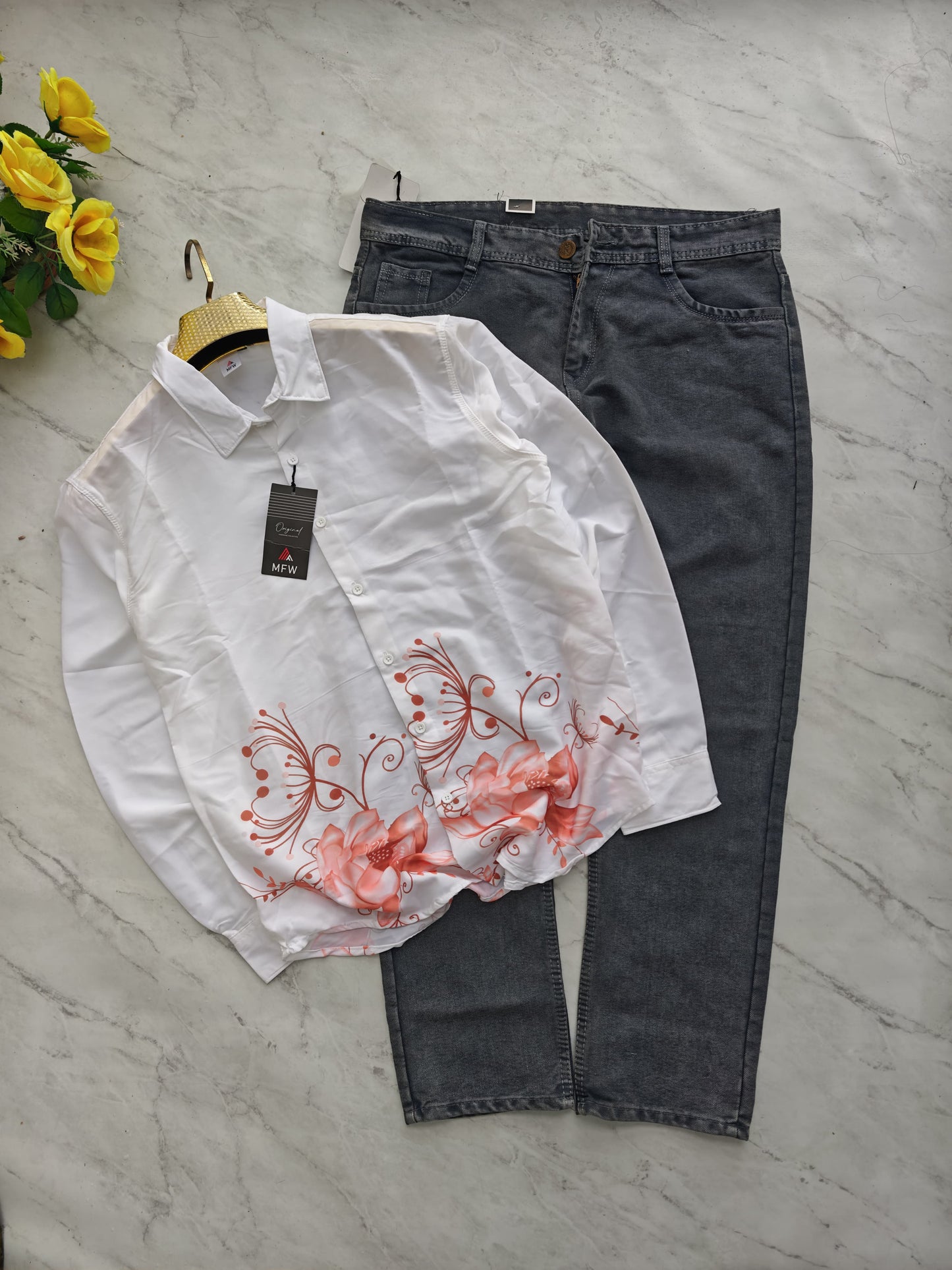2 in 1 combo viscose bottom printed shirts + mom fit jeans pant combo buy @600 rs only