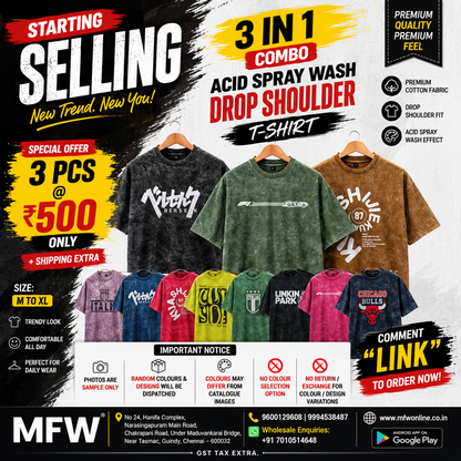 3 in 1 combo buy 3 pcs Random design Acid Spary wash Drop shoulder tshirt buy @500 only (Read Description)