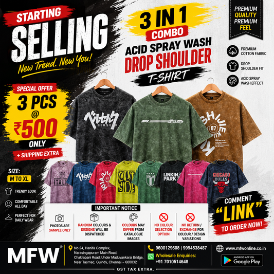 3 in 1 combo buy 3 pcs Random design Acid Spary wash Drop shoulder tshirt buy @500 only (Read Description)