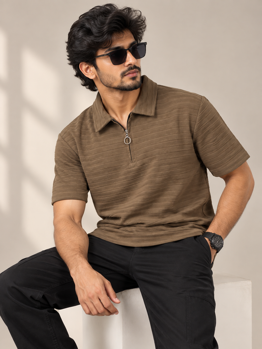 Mfw Collar zipper Tshirt 1 pc @199 and 3 pcs @ 499(Light Brown)