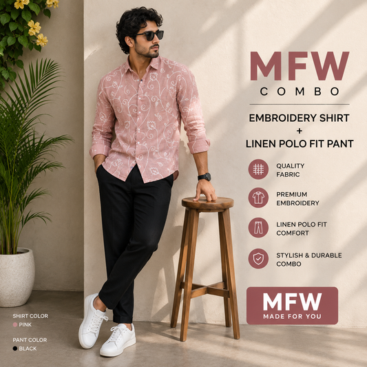 2 in 1 combo embroidery work shirts + lenin polo fit pants buy @600 rs only[ pant color Black ]