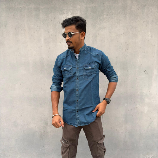 Men's Double pocket Mandarin Denim Shirts single pcs @350 and Buy 3 pc combo @999