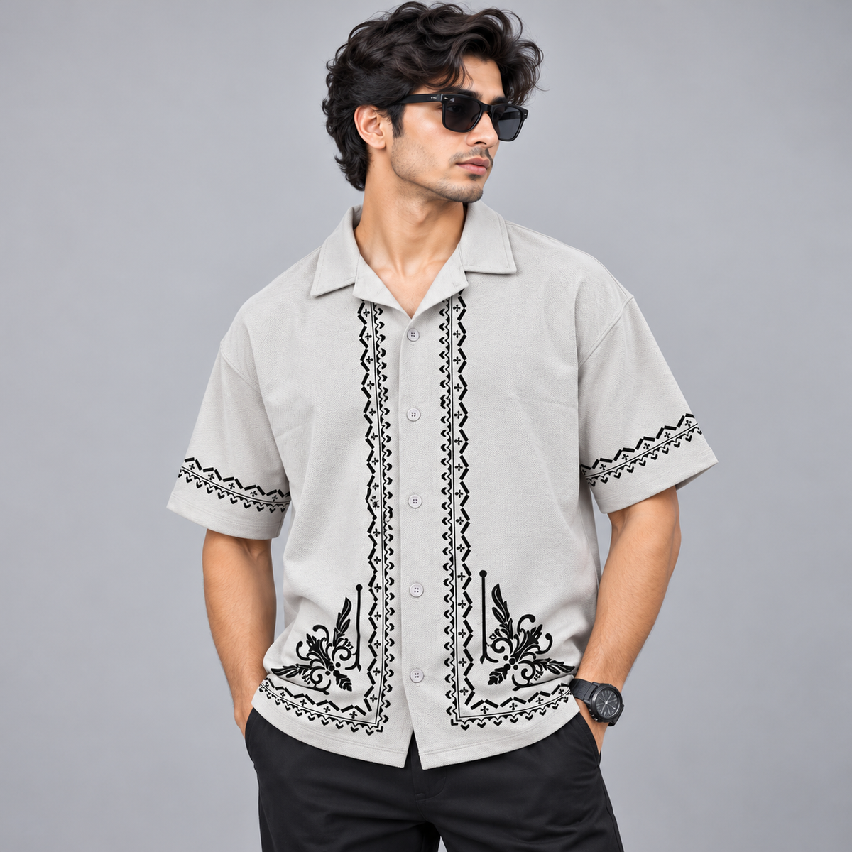 Cuban Collar Oversize Drop Shoulder Polo Designer printed Shirts buy @249[Ash]