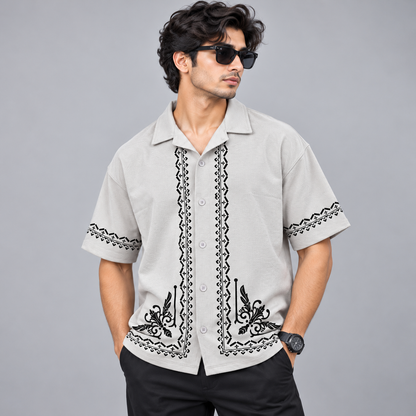 Cuban Collar Oversize Drop Shoulder Polo Designer printed Shirts buy @249[Ash]