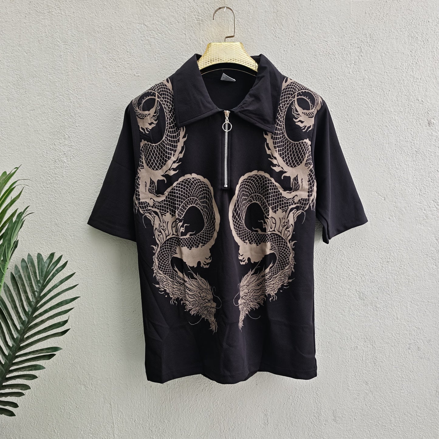 Old money Korean drop shoulder dragon design zipper tshirt buy @250 rs only