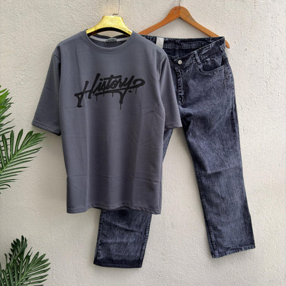 2 in 1 combo Drop shoulder tshirt + Wide leg baggy jeans pant buy @499 only