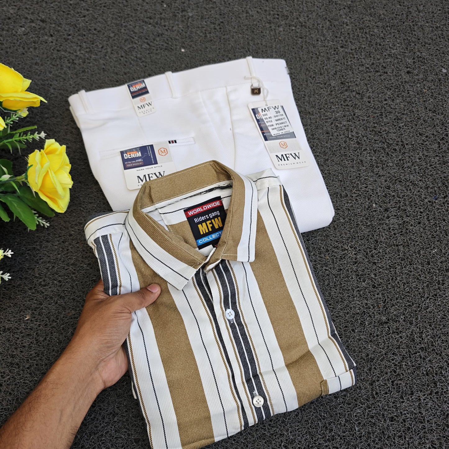 2 in 1 combo stripes shirts + penut fabric polo fit pants combo buy @500 rs only