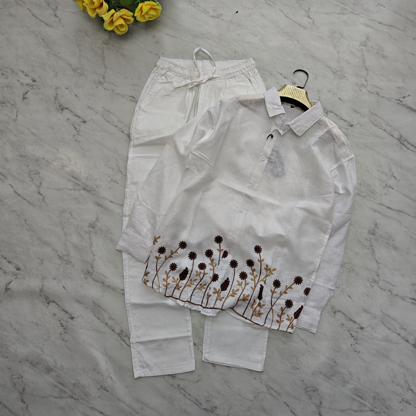 2 in 1 combo Lenin bottom embroidery shirts+ Lenin relax fit pants combo buy @600 rs only