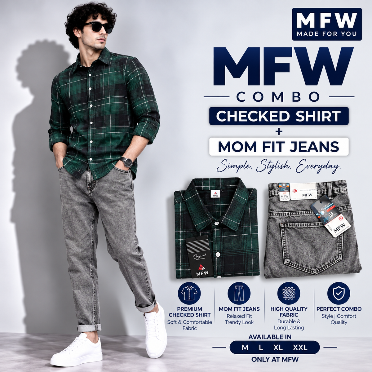 2 in 1 combo MFW checked shirts + mom fit jeans pant buy @600 rs only