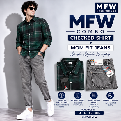 2 in 1 combo MFW checked shirts + mom fit jeans pant buy @600 rs only