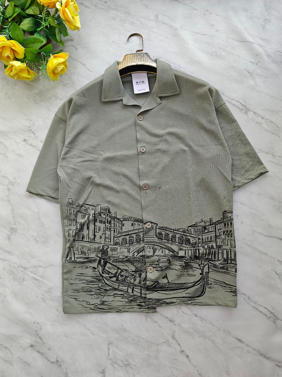 Cuban Collar Oversize Drop Shoulder Polo Designer printed Shirts buy @249[pista Green]