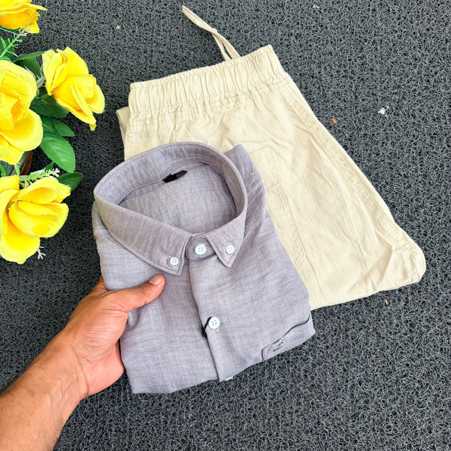 2 in 1 combo Old money lenin shirts + Lenin pants combo buy @600 only(ash grey (soft solid tone)+ Cream beige )