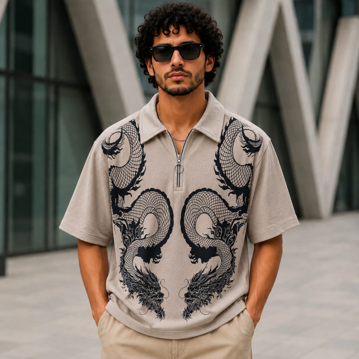Old money Korean drop shoulder dragon design zipper tshirt buy @250 rs only