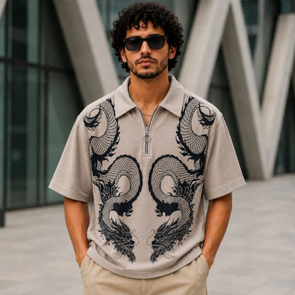 Old money Korean drop shoulder dragon design zipper tshirt buy @250 rs only
