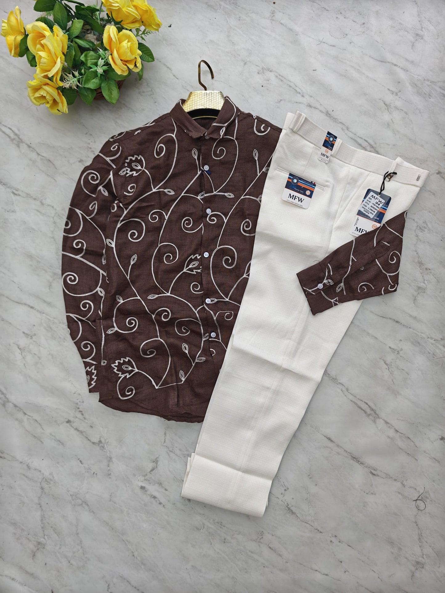 2 in 1 combo embroidery work shirts + lenin polo fit pants buy @600 rs only[ pant color White ]