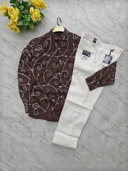 2 in 1 combo embroidery work shirts + lenin polo fit pants buy @600 rs only[ pant color White ]