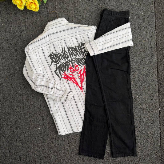 2 in 1 combo Dobby double pocket back print shirts + Mom fit jeans pant combo buy @600