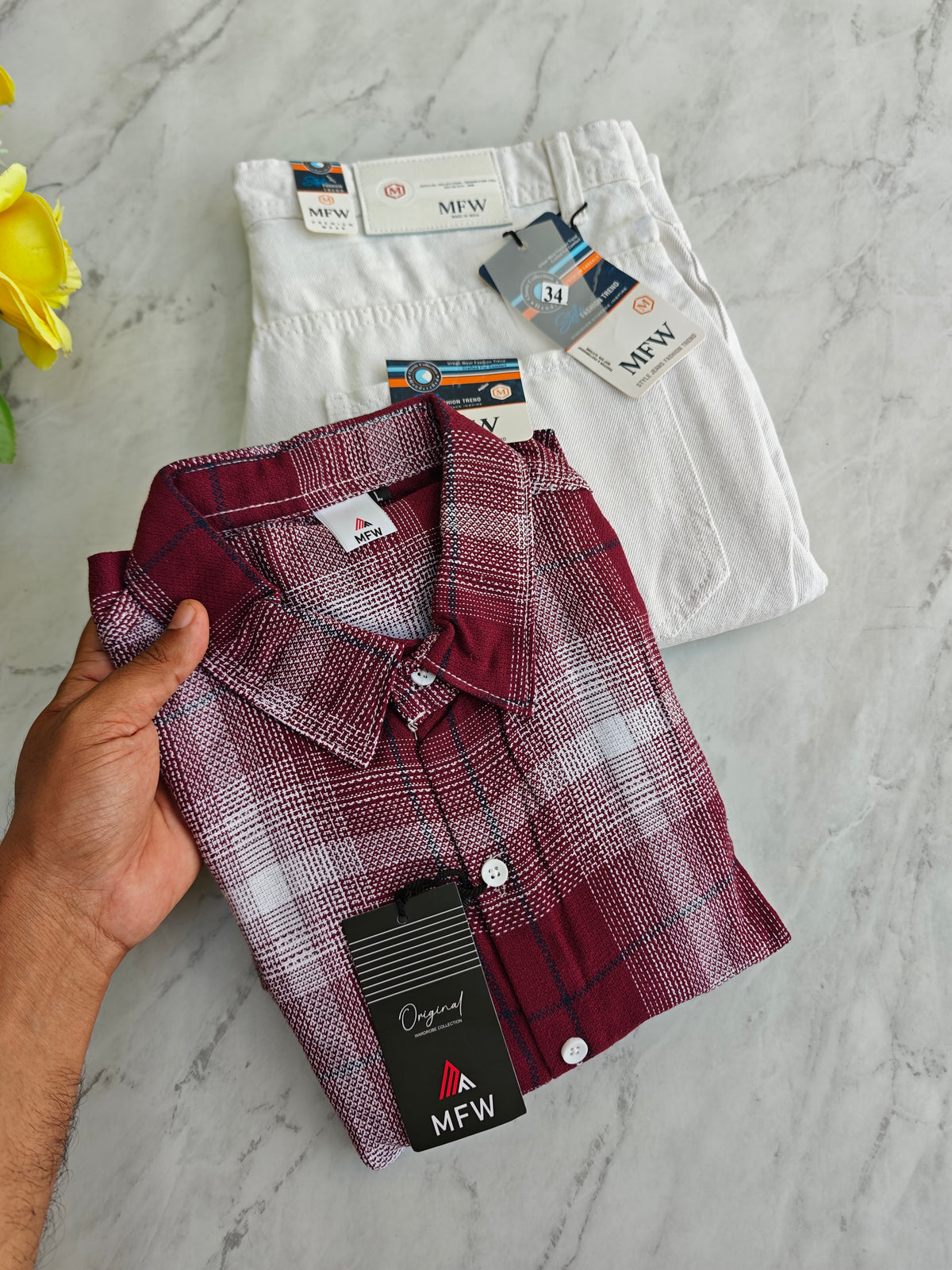 2 in 1 combo MFW checked shirts + mom fit jeans pant buy @600 rs only