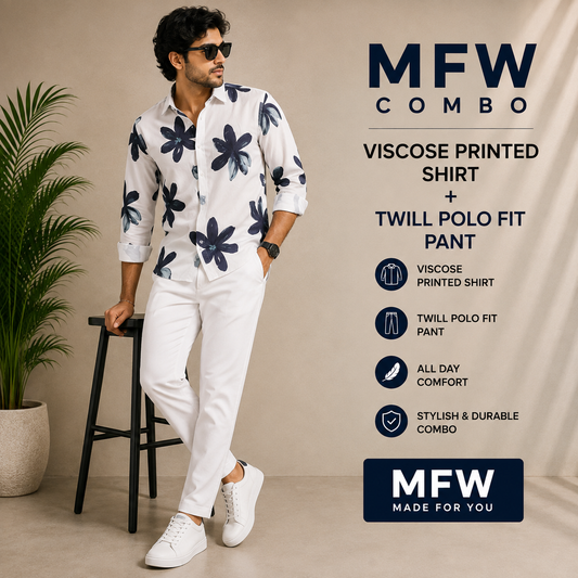 2 in 1 combo MFW viscose printed shirts + Twill fabric polo fit pant buy @600 rs only