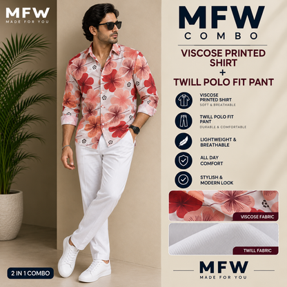 2 in 1 combo MFW viscose printed shirts + Twill fabric polo fit pant buy @600 rs only