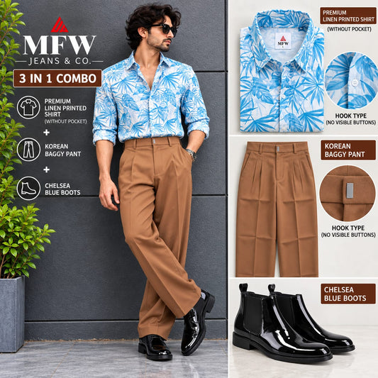 3 in 1 combo MFW Lenin printed shirts + korean baggy pants + boots buy @999 only