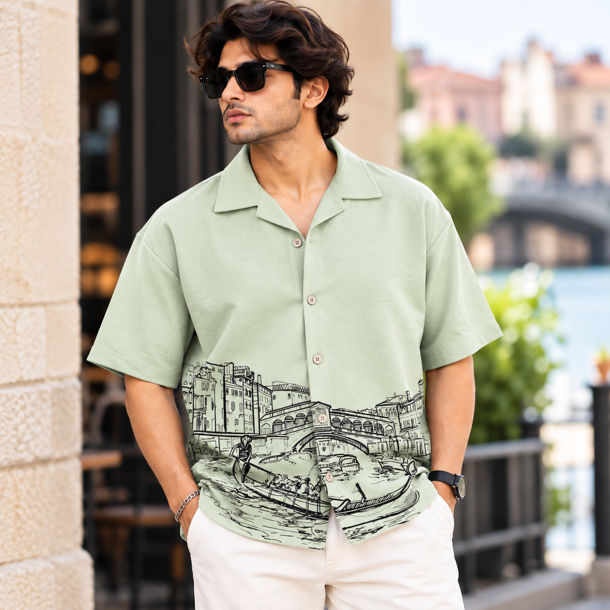 Cuban Collar Oversize Drop Shoulder Polo Designer printed Shirts buy @249[pista Green]