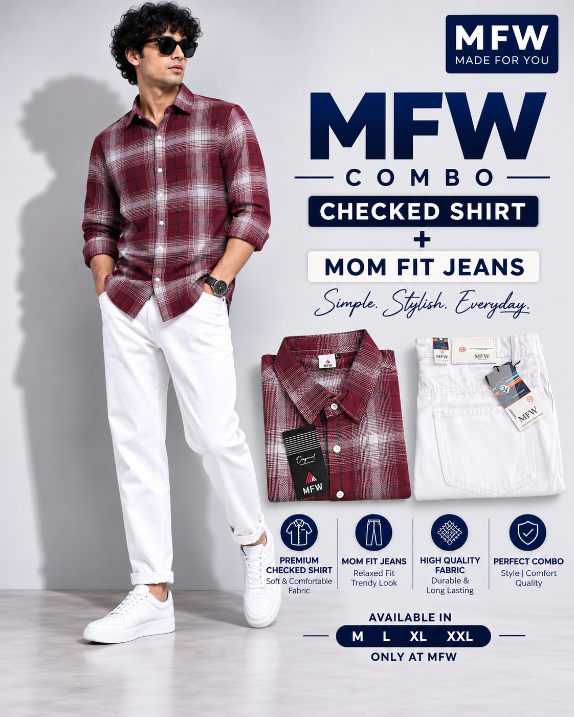 2 in 1 combo MFW checked shirts + mom fit jeans pant buy @600 rs only