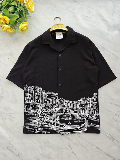 Cuban Collar Oversize Drop Shoulder Polo Designer printed Shirts buy @249[Black]